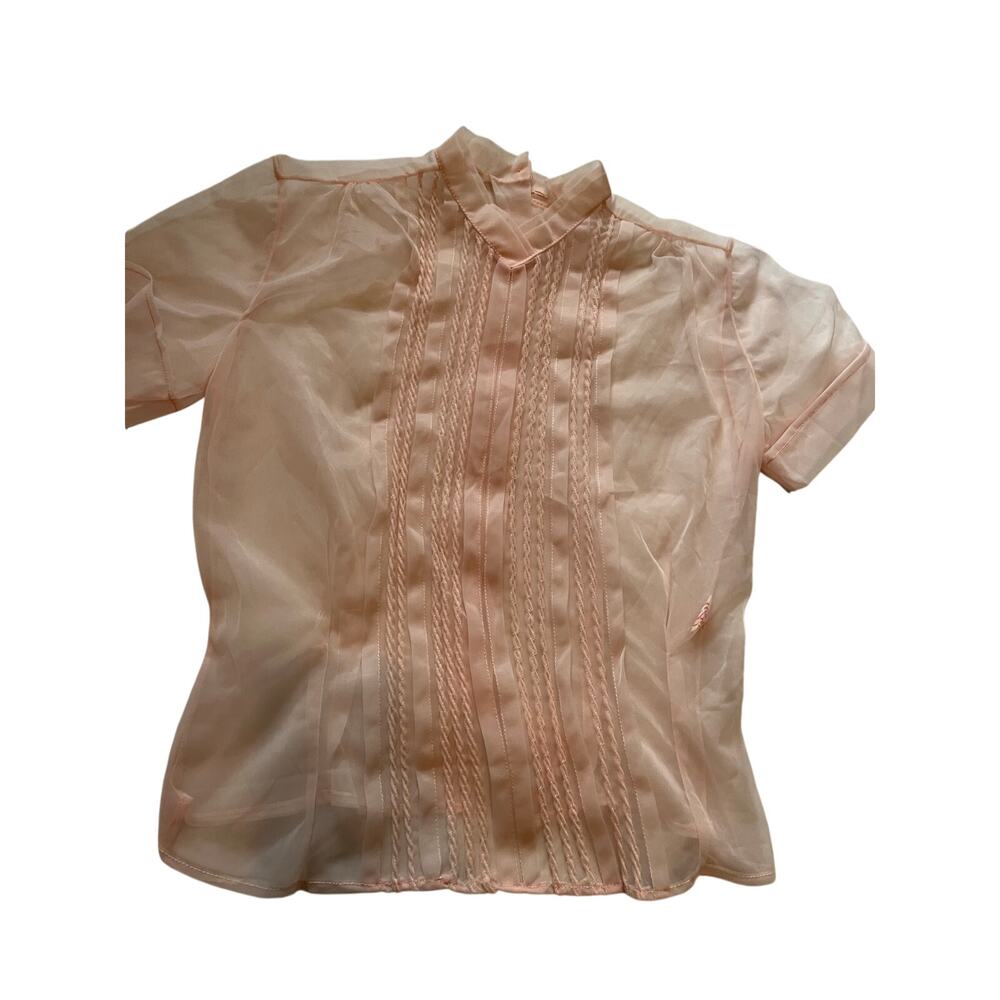 Vtg Cindy Collins Pale Pink Sheer Blouse 50s Style Pleated Tuxedo Bodice Top Sm